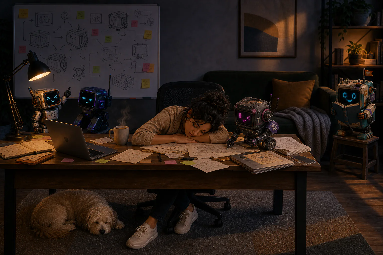 A tired founder rests at her desk while her small team of droids keeps working around her.